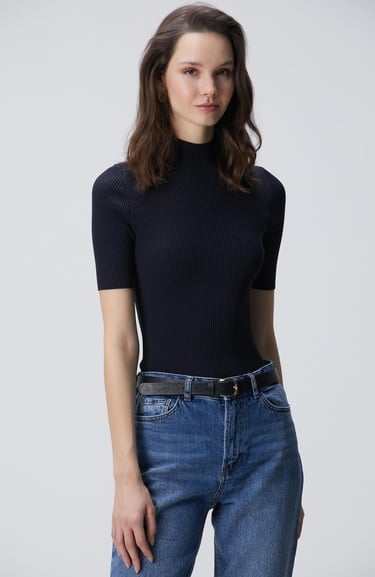  Network Kadın Lacivert Örgülü Dik Yaka Rayon Basic Kazak