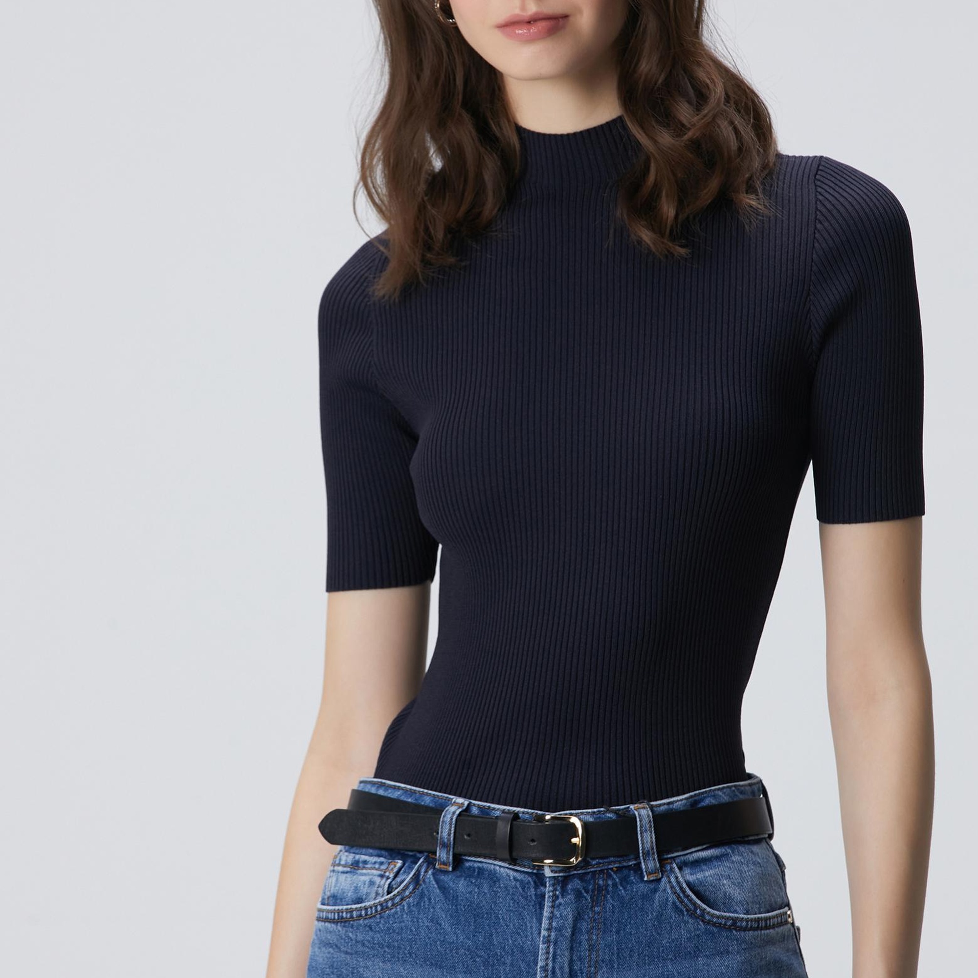 Network Kadın Lacivert Örgülü Dik Yaka Rayon Basic Kazak