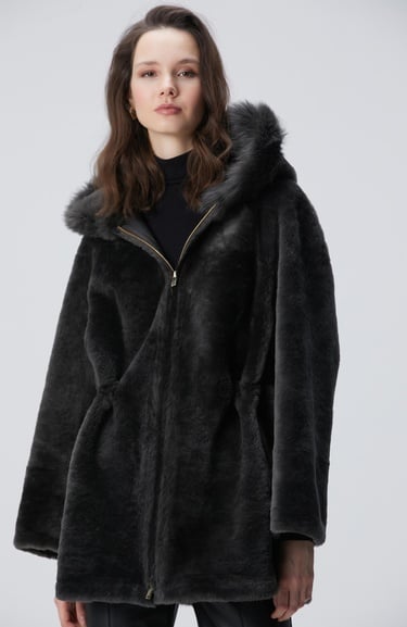  Network Kadın Haki Kapüşon Yakalı Deri Kaban