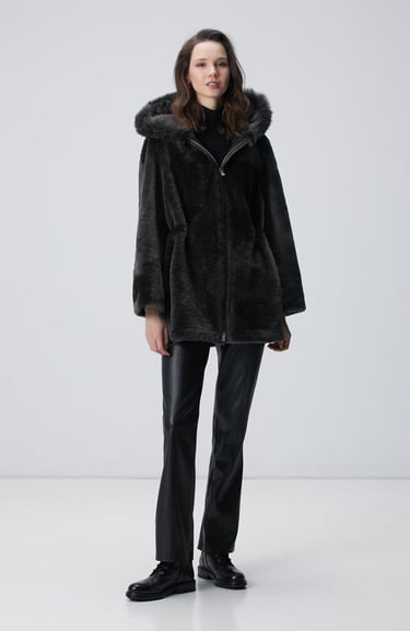  Network Kadın Haki Kapüşon Yakalı Deri Kaban