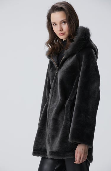  Network Kadın Haki Kapüşon Yakalı Deri Kaban