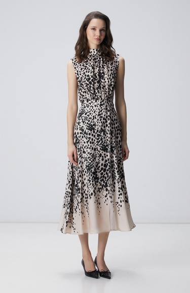  Network Kadın Bej Siyah Desenli Midi Viskon Elbise