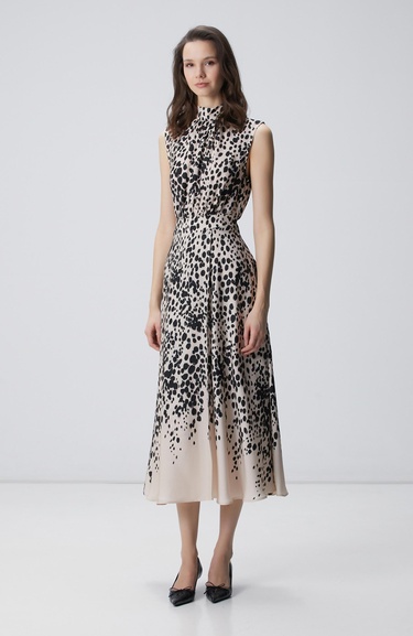  Network Kadın Bej Siyah Desenli Midi Viskon Elbise