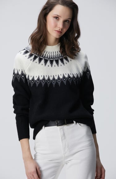  Network Kadın Siyah Desenli Yün Karışımlı Kazak