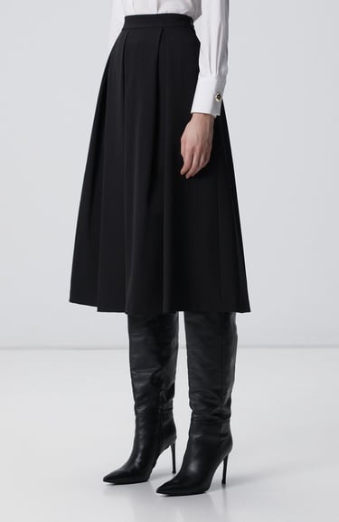  Network Kadın Siyah Geniş Pile Detaylı Diz Altı Etek