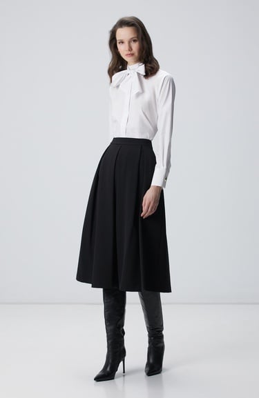  Network Kadın Siyah Geniş Pile Detaylı Diz Altı Etek