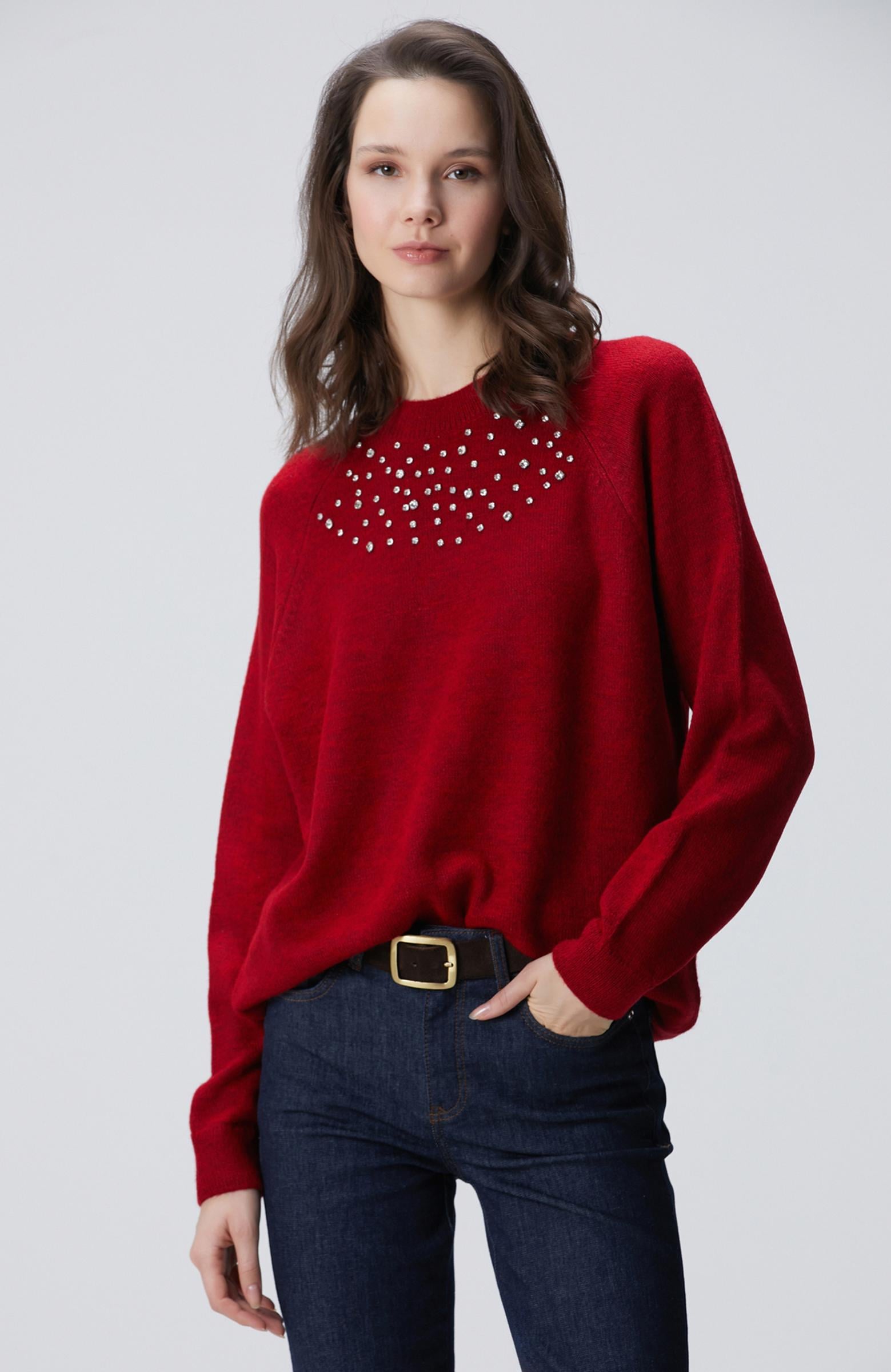  Network Kadın Kırmızı Bisiklet Yaka Taş İşlemeli Kazak