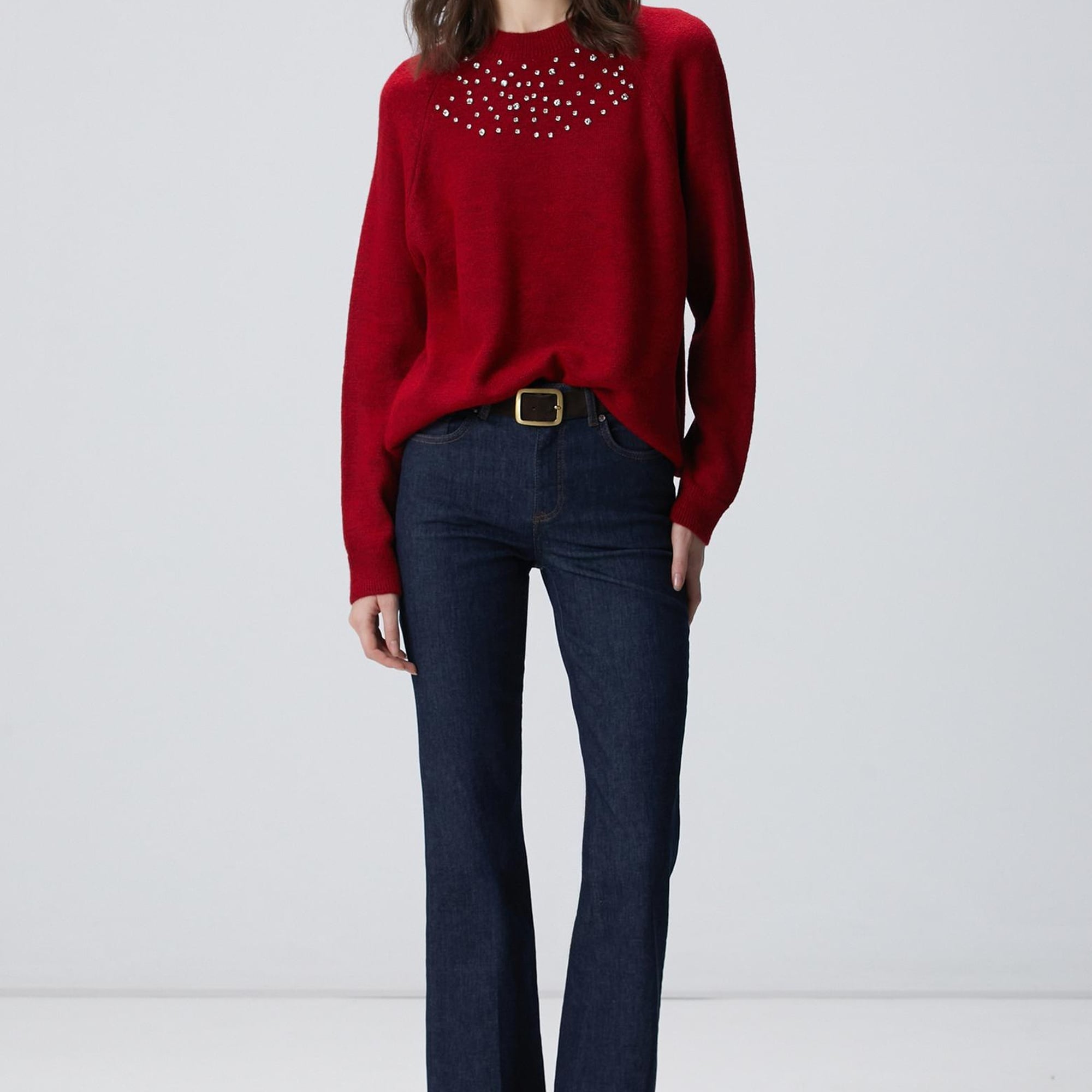 Network Kadın Kırmızı Bisiklet Yaka Taş İşlemeli Kazak