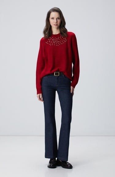  Network Kadın Kırmızı Bisiklet Yaka Taş İşlemeli Kazak