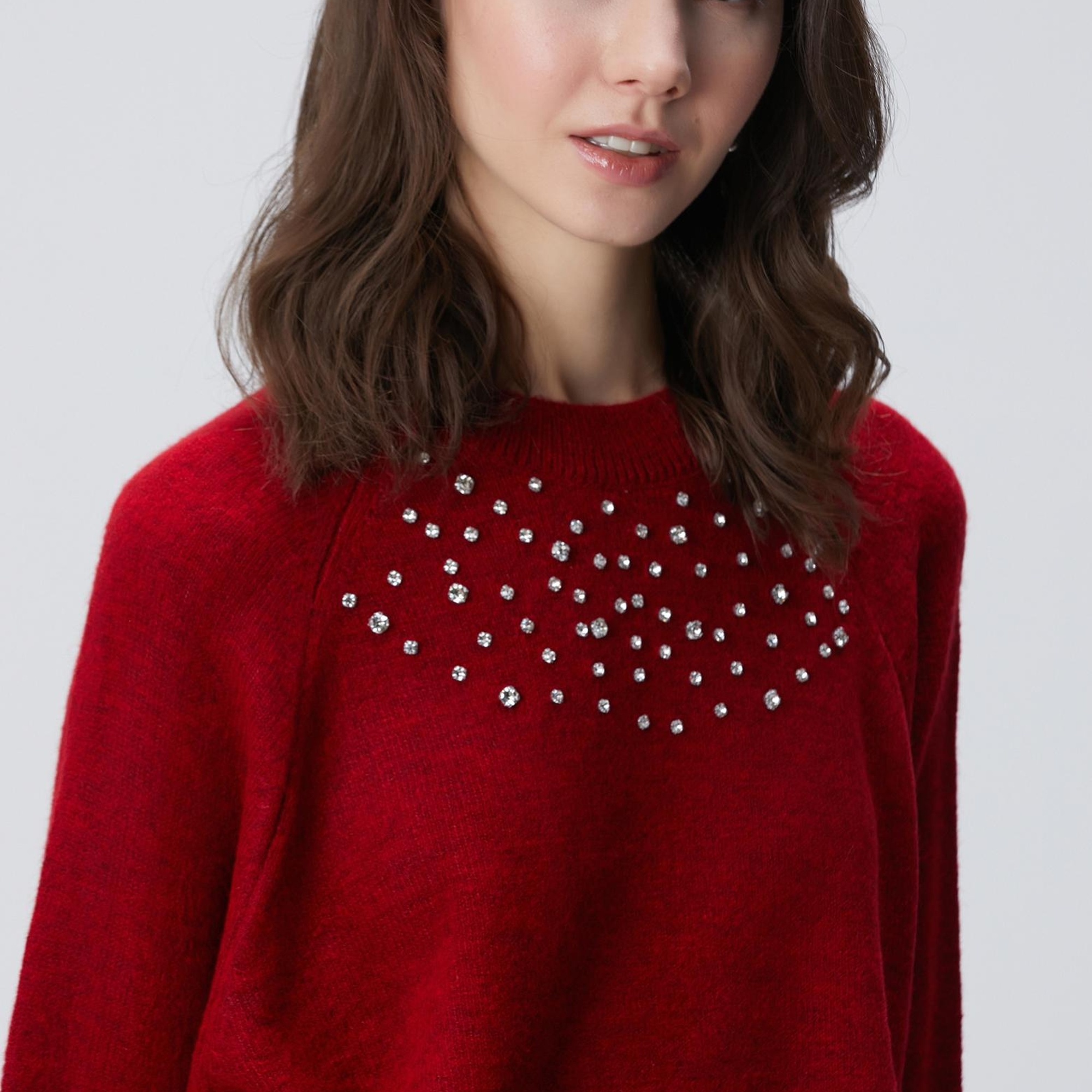 Network Kadın Kırmızı Bisiklet Yaka Taş İşlemeli Kazak