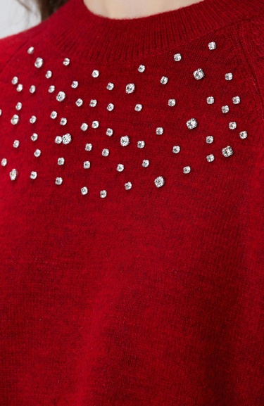  Network Kadın Kırmızı Bisiklet Yaka Taş İşlemeli Kazak