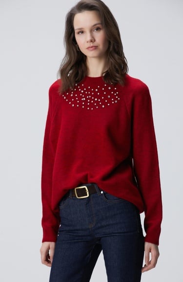  Network Kadın Kırmızı Bisiklet Yaka Taş İşlemeli Kazak