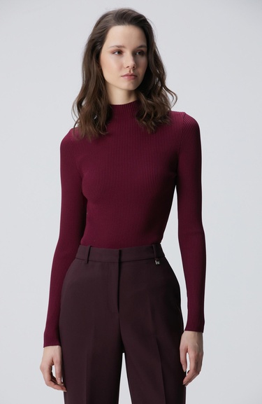  Network Kadın Bordo İnce Ribana Örgü Kazak