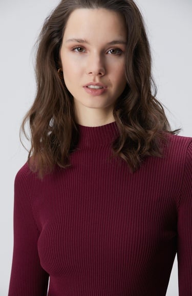  Network Kadın Bordo İnce Ribana Örgü Kazak