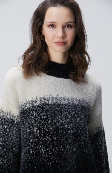  Network Kadın Siyah Yarım Balıkçı Desenli Sakal İp Kazak