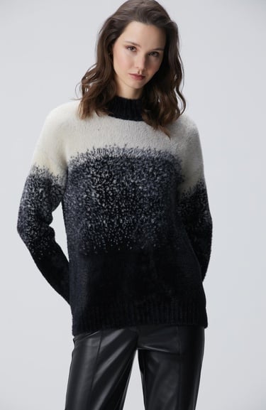  Network Kadın Siyah Yarım Balıkçı Desenli Sakal İp Kazak