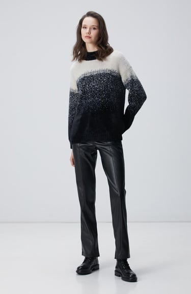  Network Kadın Siyah Yarım Balıkçı Desenli Sakal İp Kazak