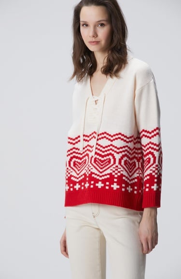  Network Kadın Kırık Beyaz Desenli Yün Karışımlı Triko Kazak