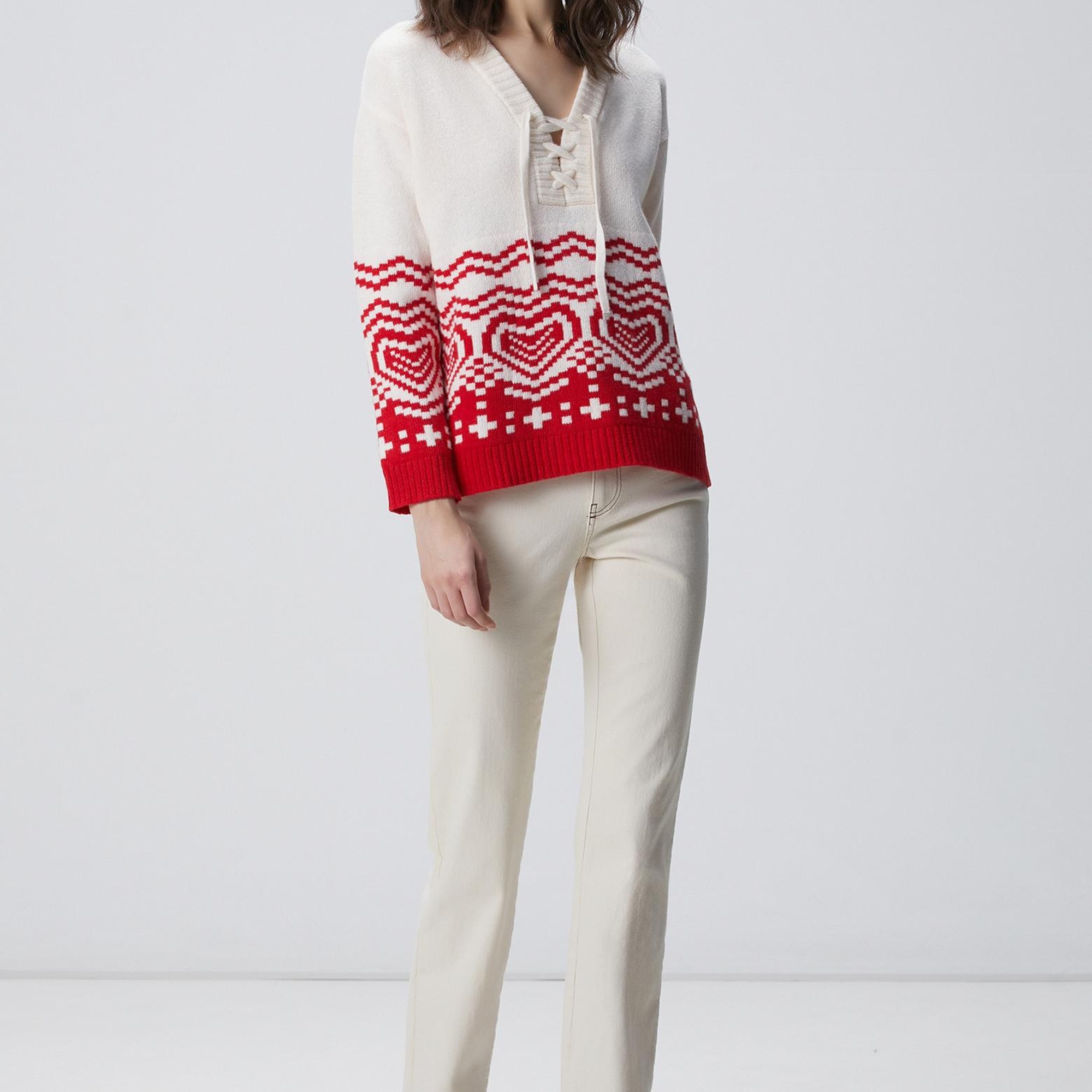 Network Kadın Kırık Beyaz Desenli Yün Karışımlı Triko Kazak