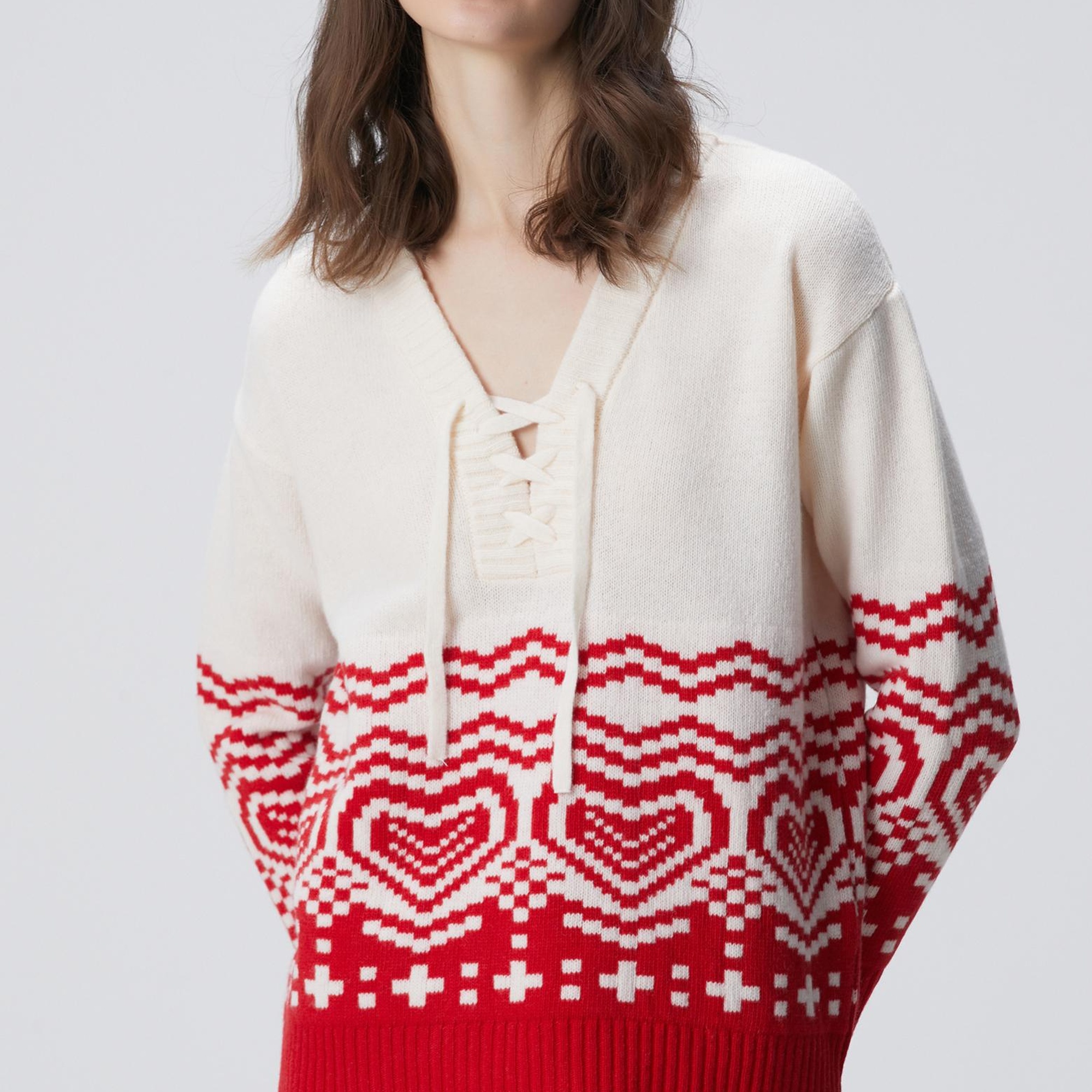 Network Kadın Kırık Beyaz Desenli Yün Karışımlı Triko Kazak