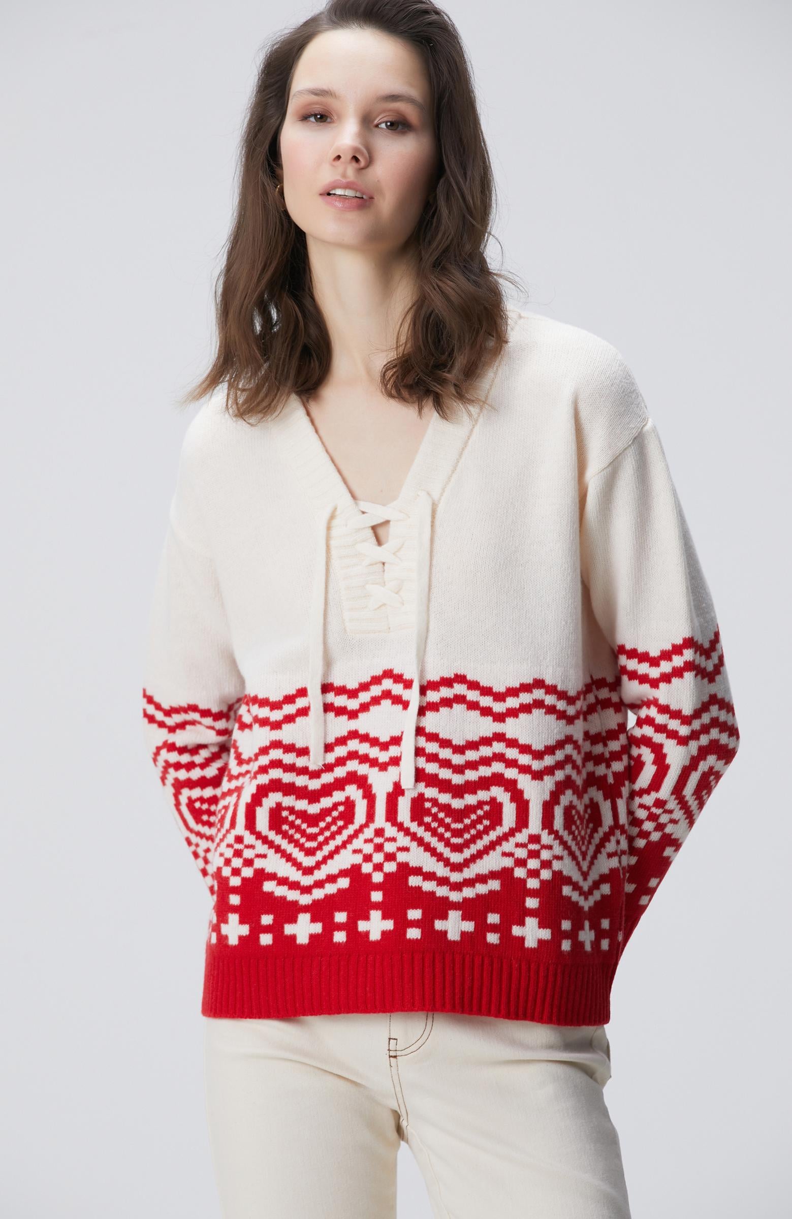  Network Kadın Kırık Beyaz Desenli Yün Karışımlı Triko Kazak