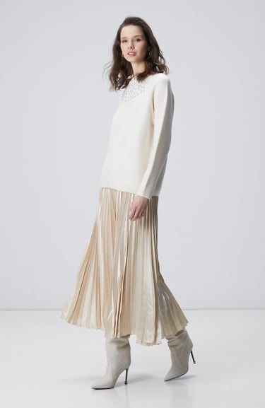  Network Kadın Kırık Beyaz Bisiklet Yaka Taş İşlemeli Kazak