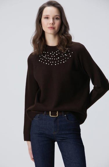  Network Kadın Kahverengi Bisiklet Yaka Taş İşlemeli Kazak