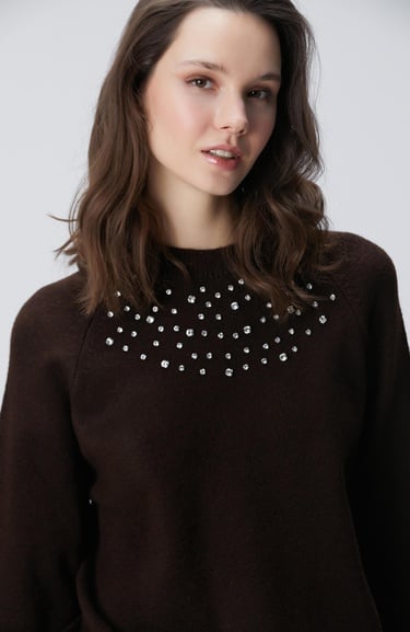  Network Kadın Kahverengi Bisiklet Yaka Taş İşlemeli Kazak