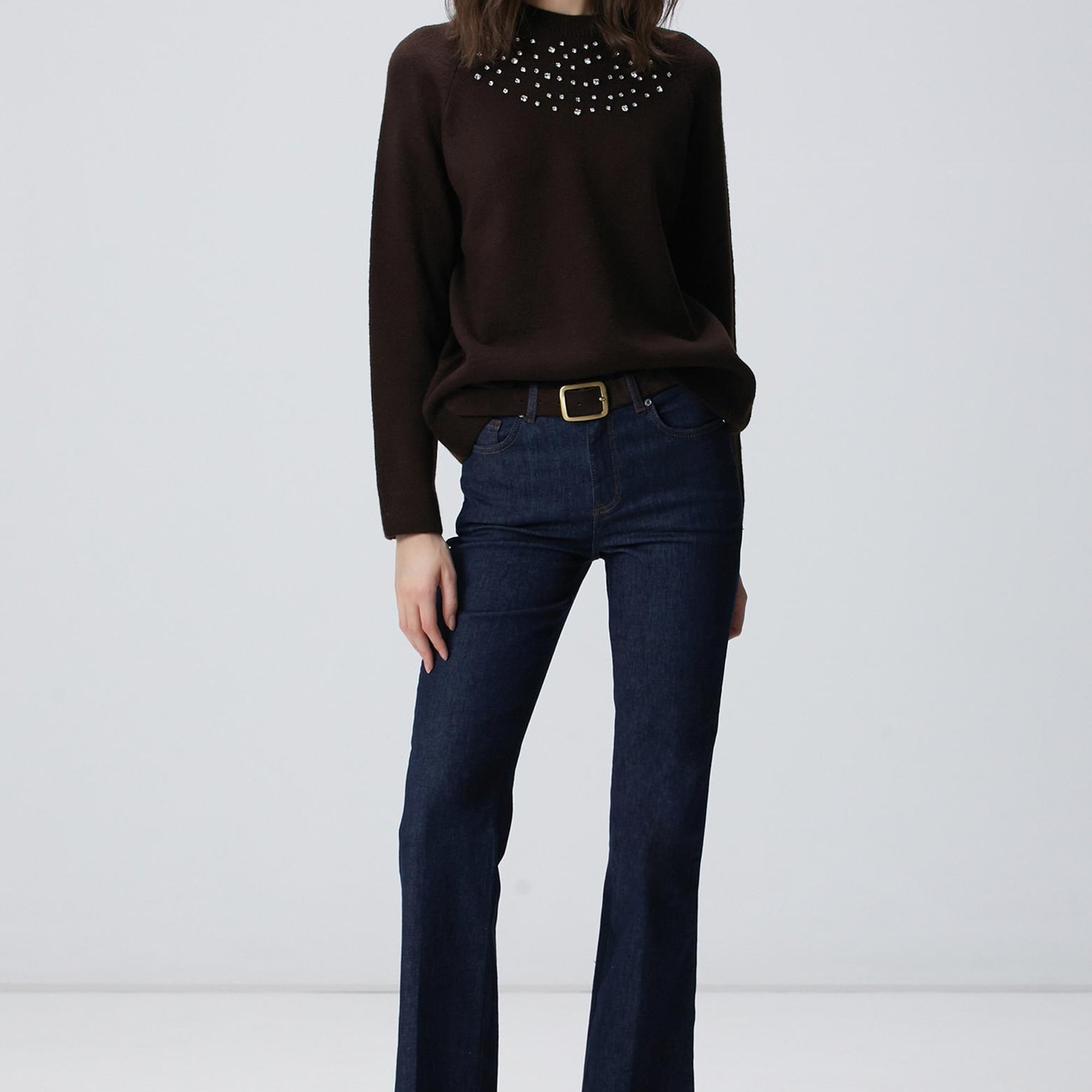 Network Kadın Kahverengi Bisiklet Yaka Taş İşlemeli Kazak