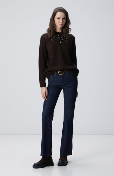  Network Kadın Kahverengi Bisiklet Yaka Taş İşlemeli Kazak