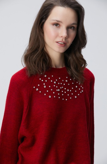  Network Kadın Kırmızı Bisiklet Yaka Taş İşlemeli Kazak