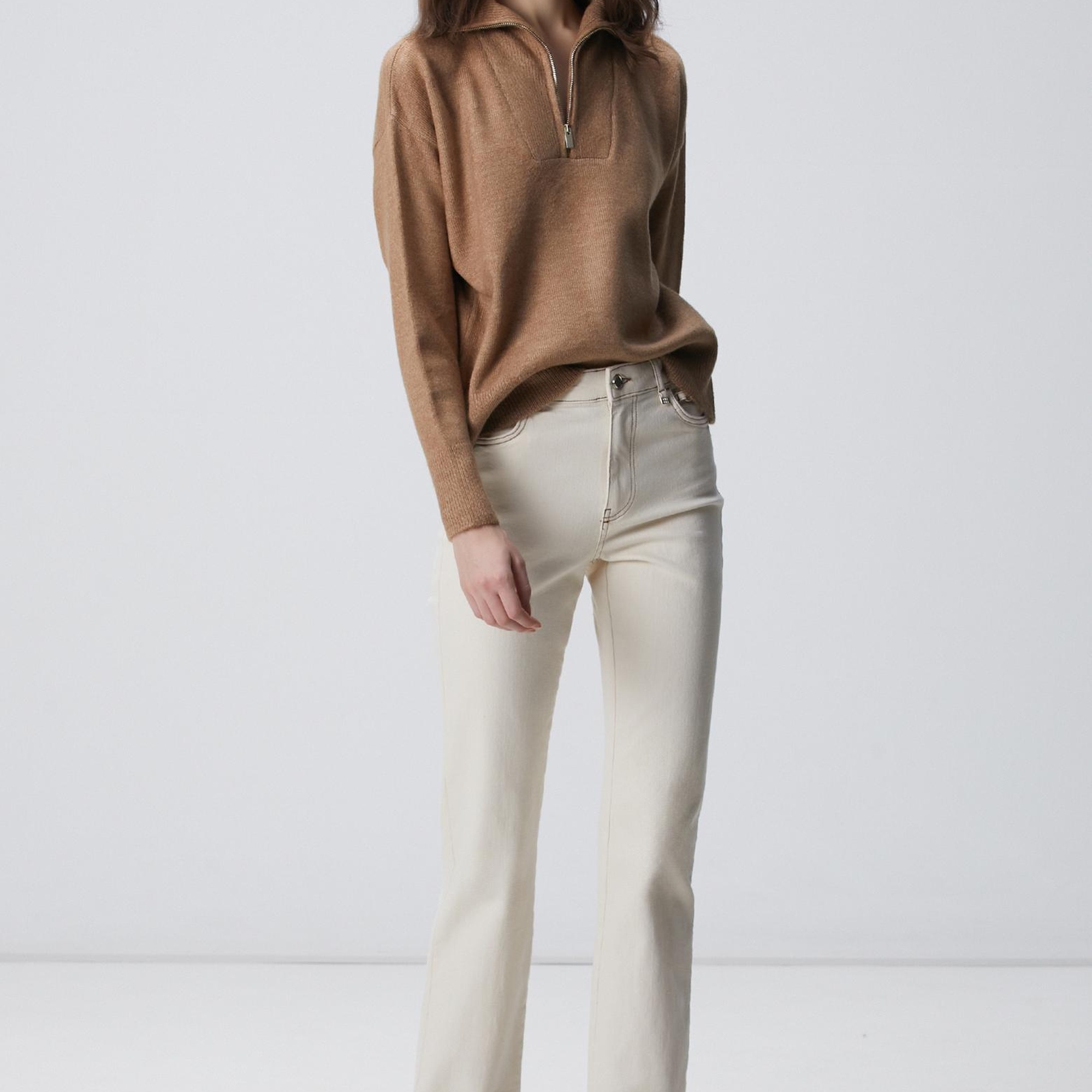 Network Kadın Camel Dik Yaka Fermuarlı Uzun Kol Kazak