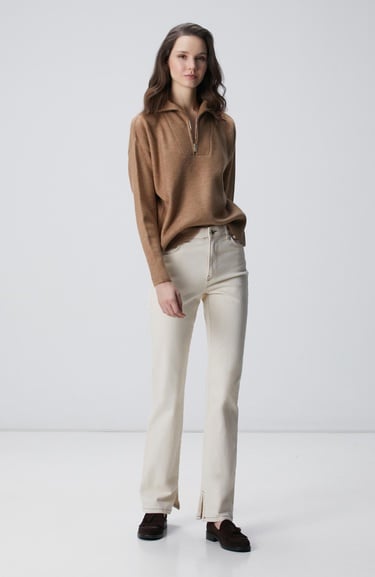  Network Kadın Camel Dik Yaka Fermuarlı Uzun Kol Kazak