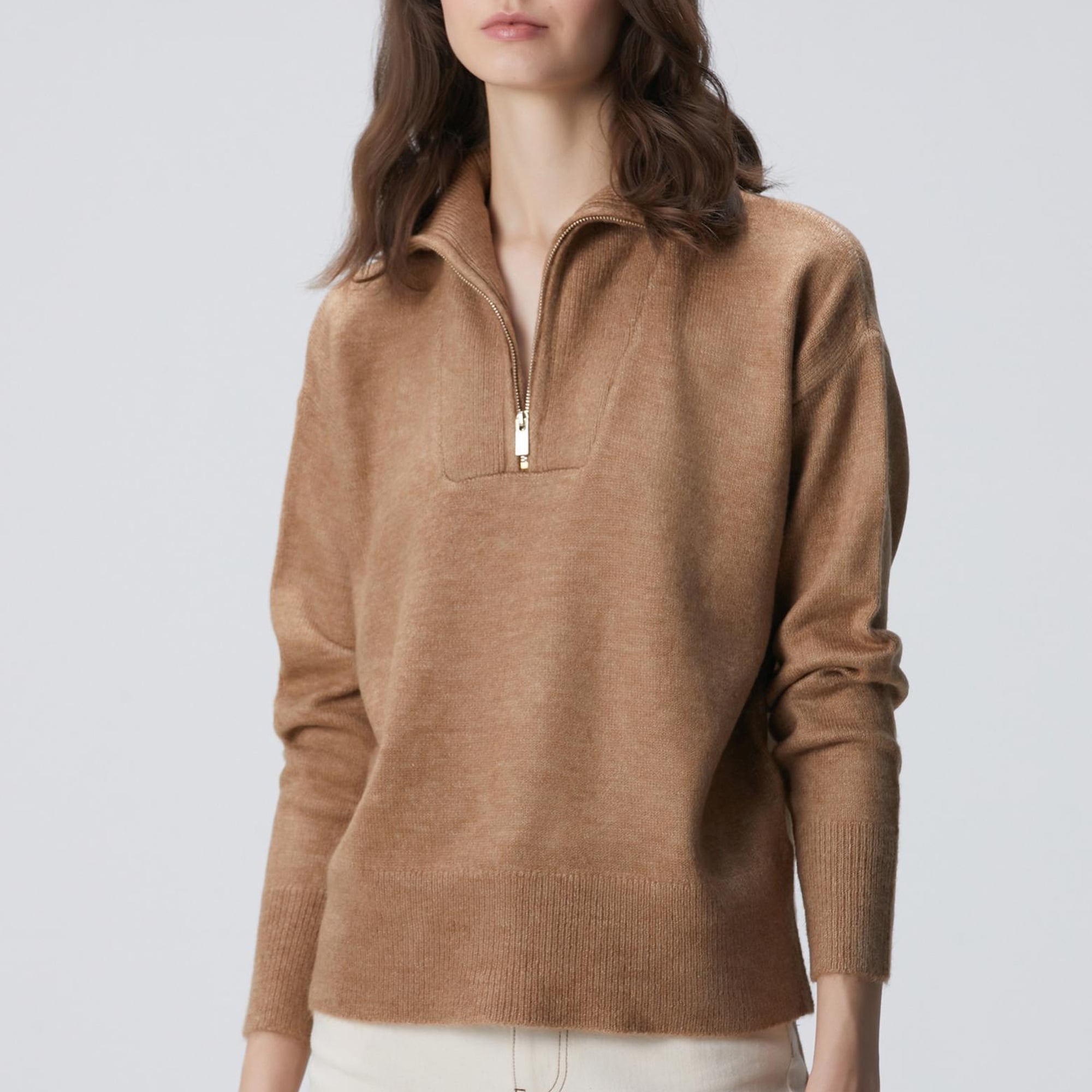 Network Kadın Camel Dik Yaka Fermuarlı Uzun Kol Kazak