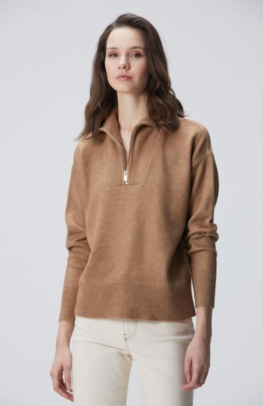  Network Kadın Camel Dik Yaka Fermuarlı Uzun Kol Kazak