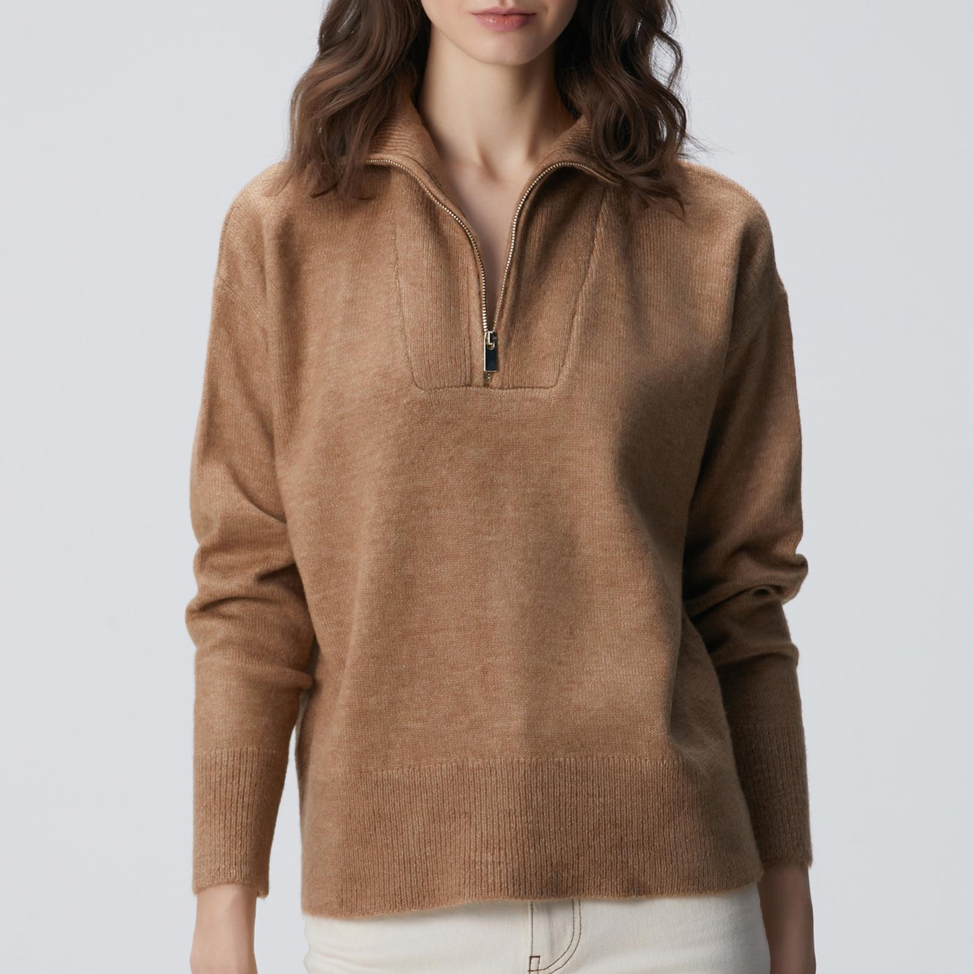 Network Kadın Camel Dik Yaka Fermuarlı Uzun Kol Kazak