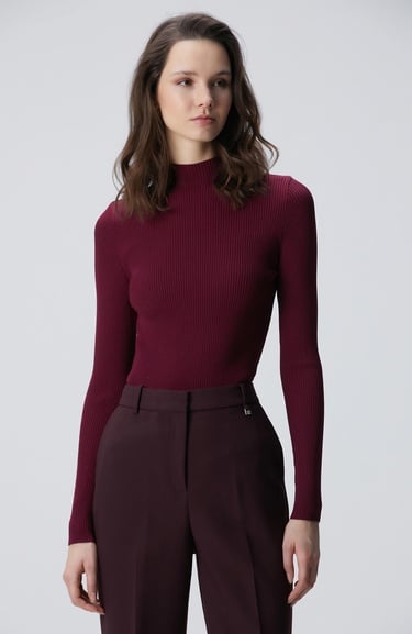  Network Kadın Bordo İnce Ribana Örgü Kazak