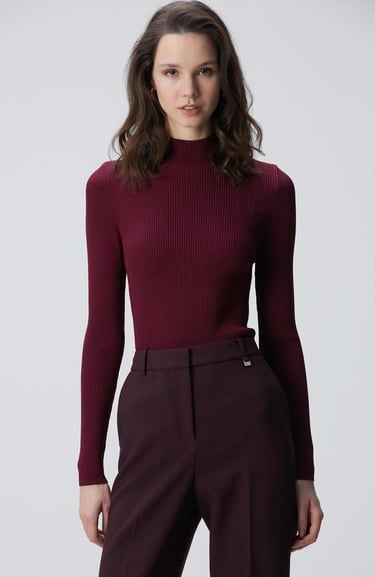  Network Kadın Bordo İnce Ribana Örgü Kazak