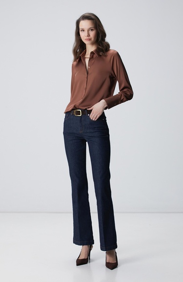  Network Kadın Kahverengi Geniş Manşetli Saten Gömlek