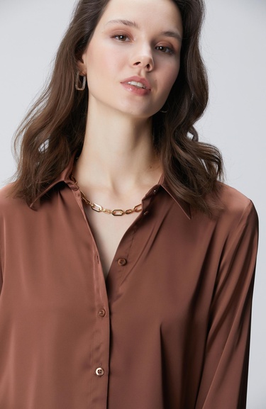 Network Kadın Kahverengi Geniş Manşetli Saten Gömlek