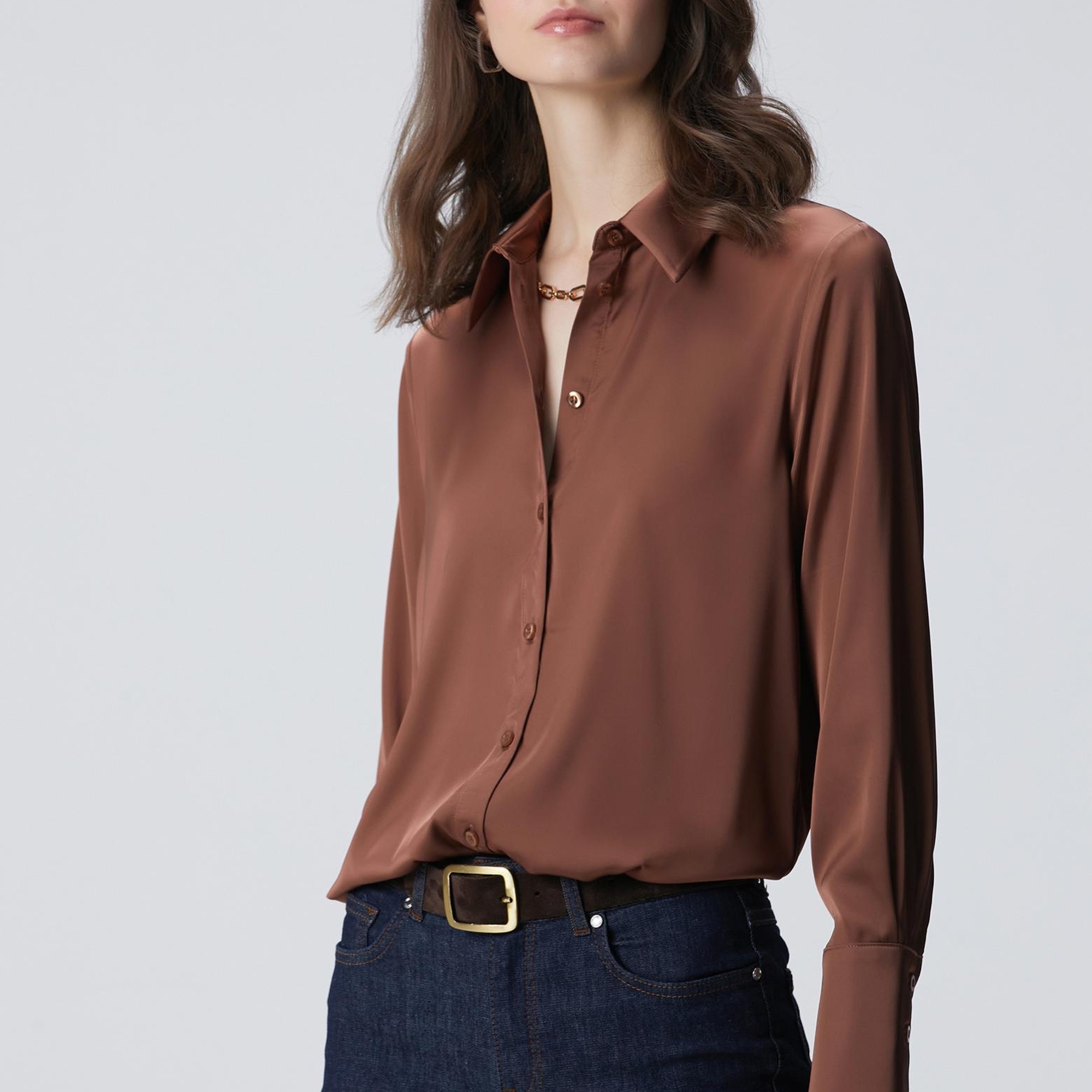 Network Kadın Kahverengi Geniş Manşetli Saten Gömlek