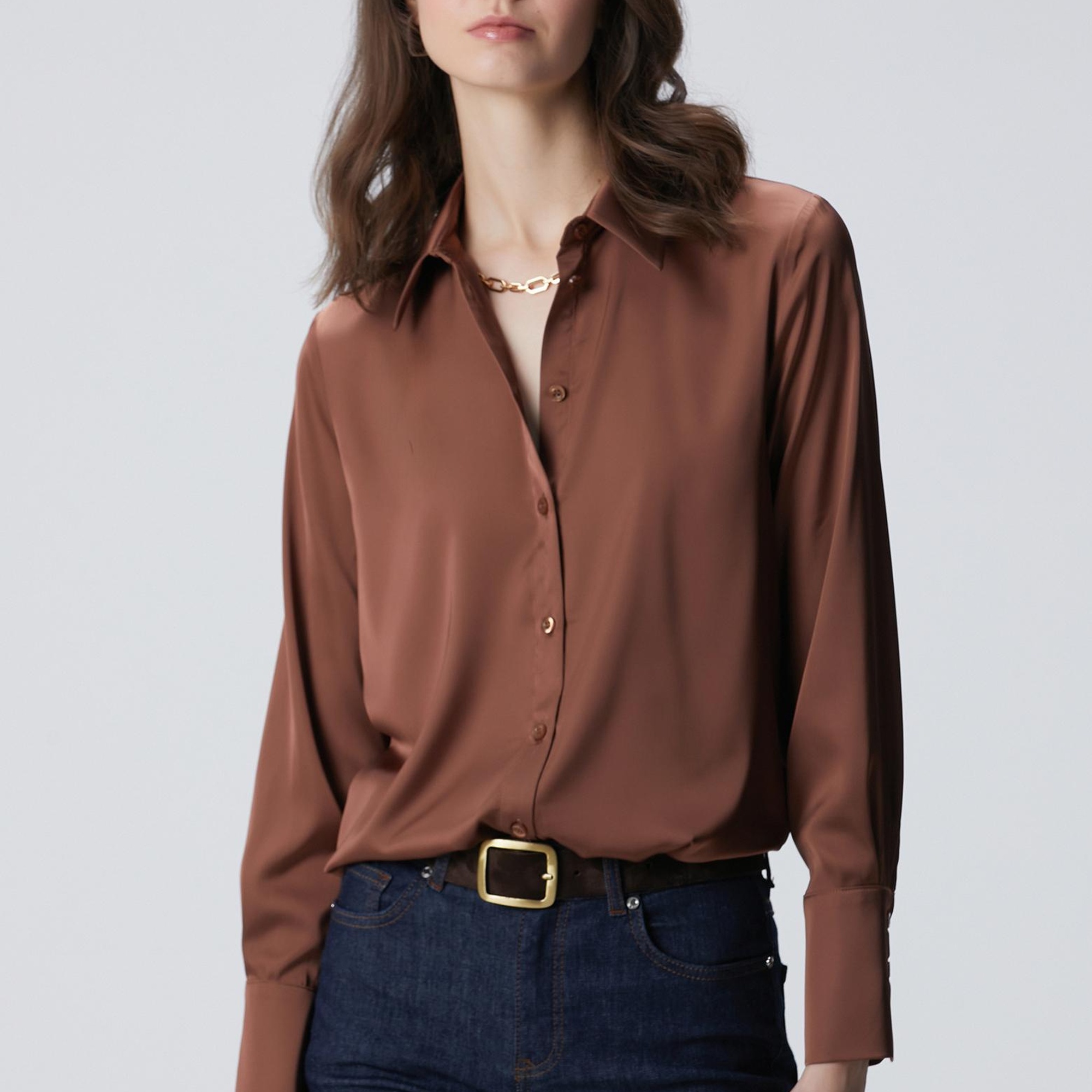Network Kadın Kahverengi Geniş Manşetli Saten Gömlek