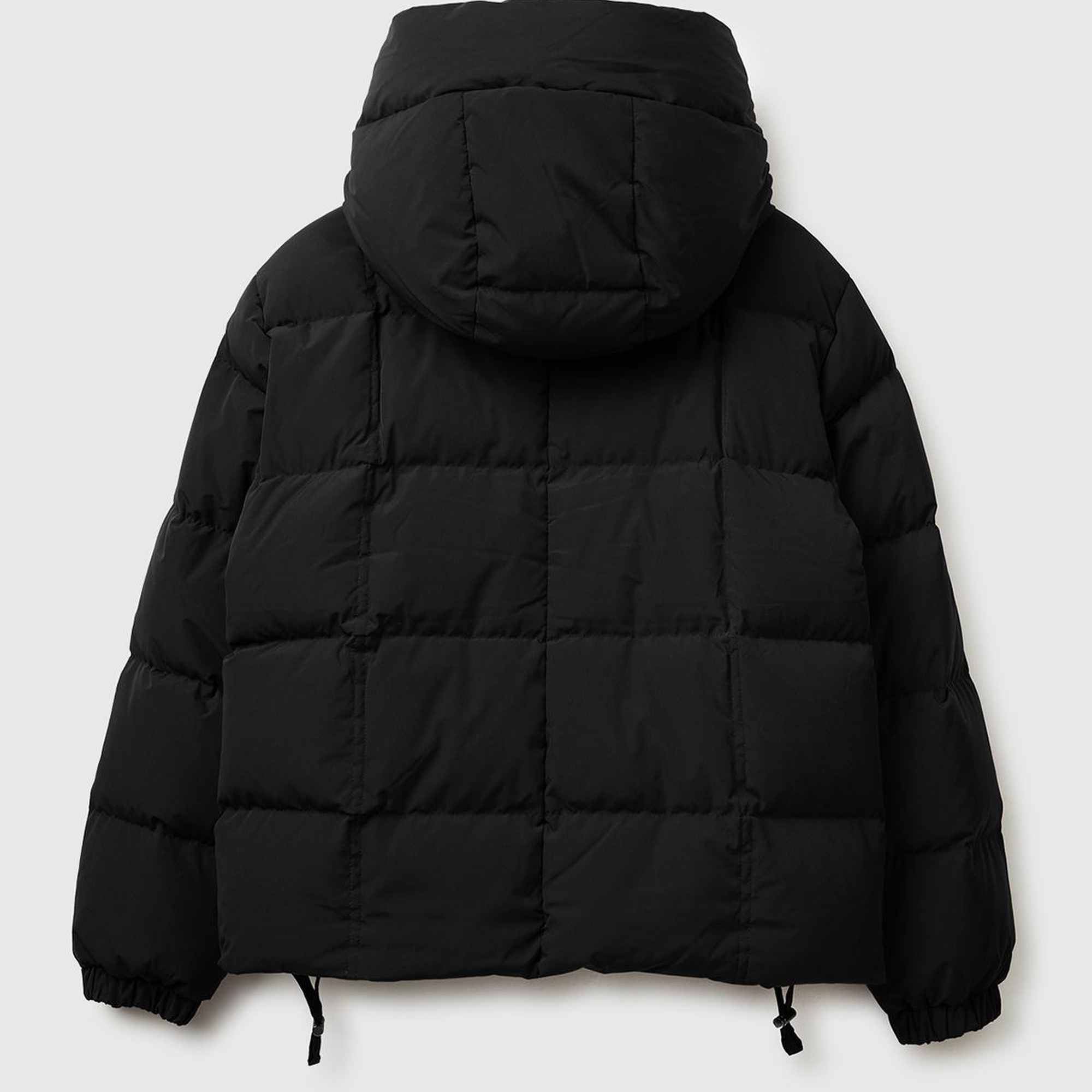 Kadın Siyah Kuş Tüyü Kapüşonlu Fermuarlı Kolu Lastikli Şişme Mont