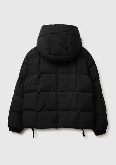  Kadın Siyah Kuş Tüyü Kapüşonlu Fermuarlı Kolu Lastikli Şişme Mont