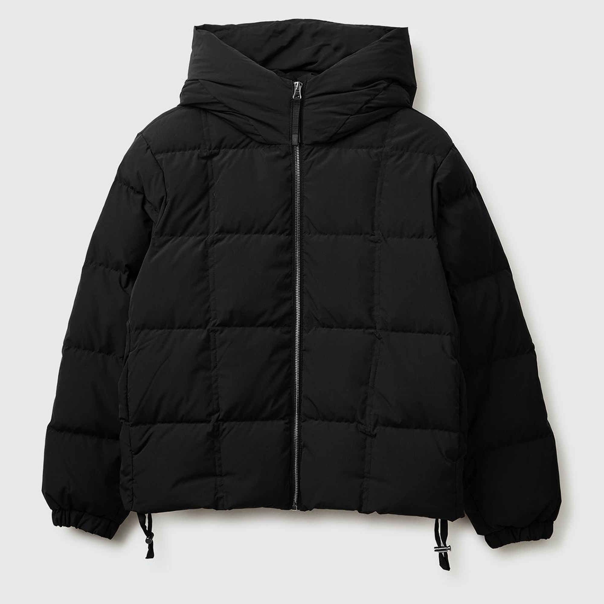 Kadın Siyah Kuş Tüyü Kapüşonlu Fermuarlı Kolu Lastikli Şişme Mont