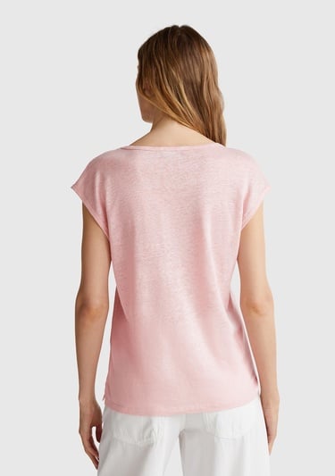  Kadın Pembe %100 Keten Yanları Yırtmaçlı Relax Fit Yuvarlak Yaka T-Shirt