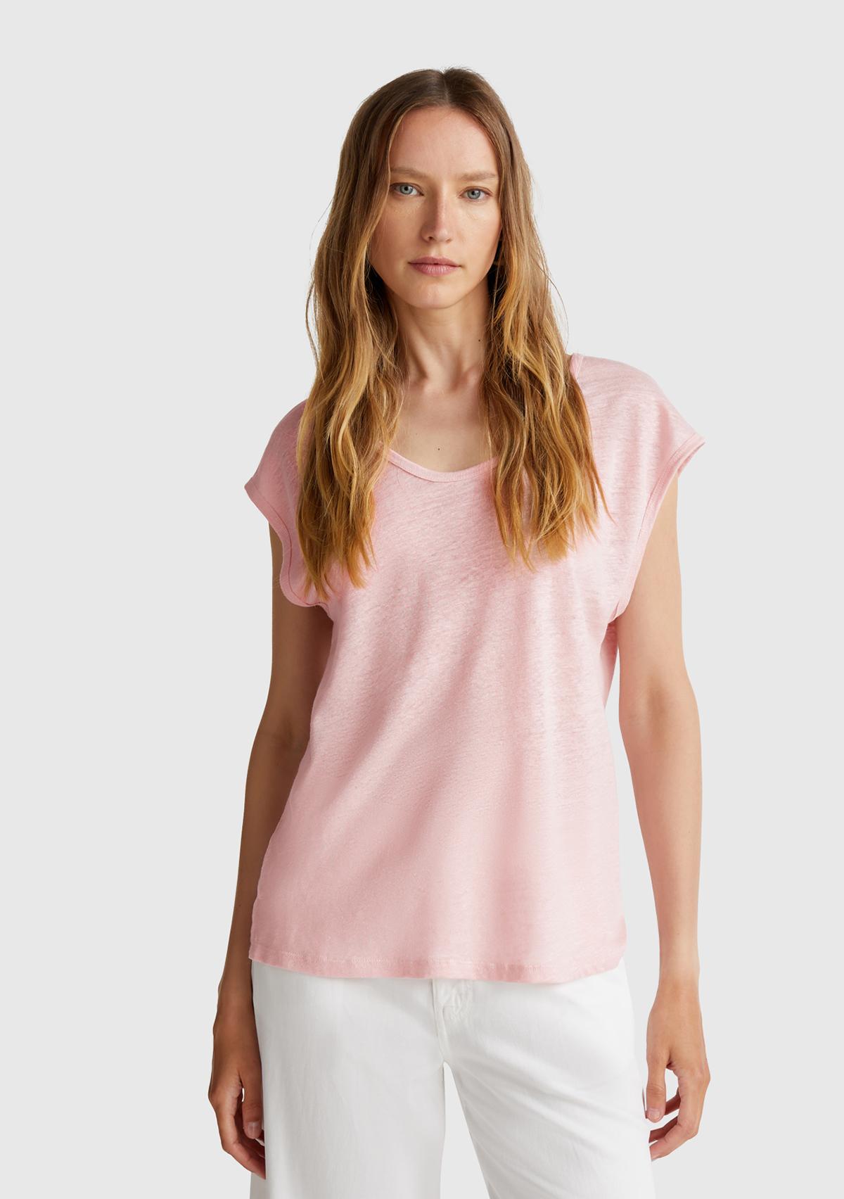  Kadın Pembe %100 Keten Yanları Yırtmaçlı Relax Fit Yuvarlak Yaka T-Shirt