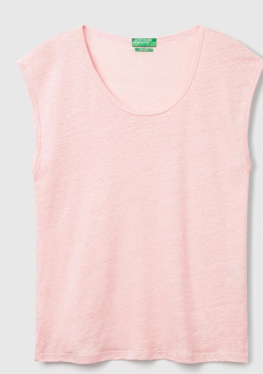  Kadın Pembe %100 Keten Yanları Yırtmaçlı Relax Fit Yuvarlak Yaka T-Shirt