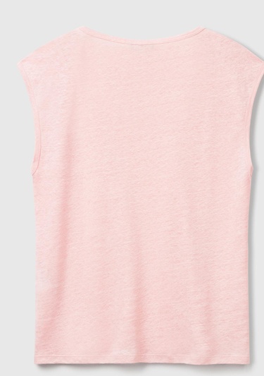  Kadın Pembe %100 Keten Yanları Yırtmaçlı Relax Fit Yuvarlak Yaka T-Shirt
