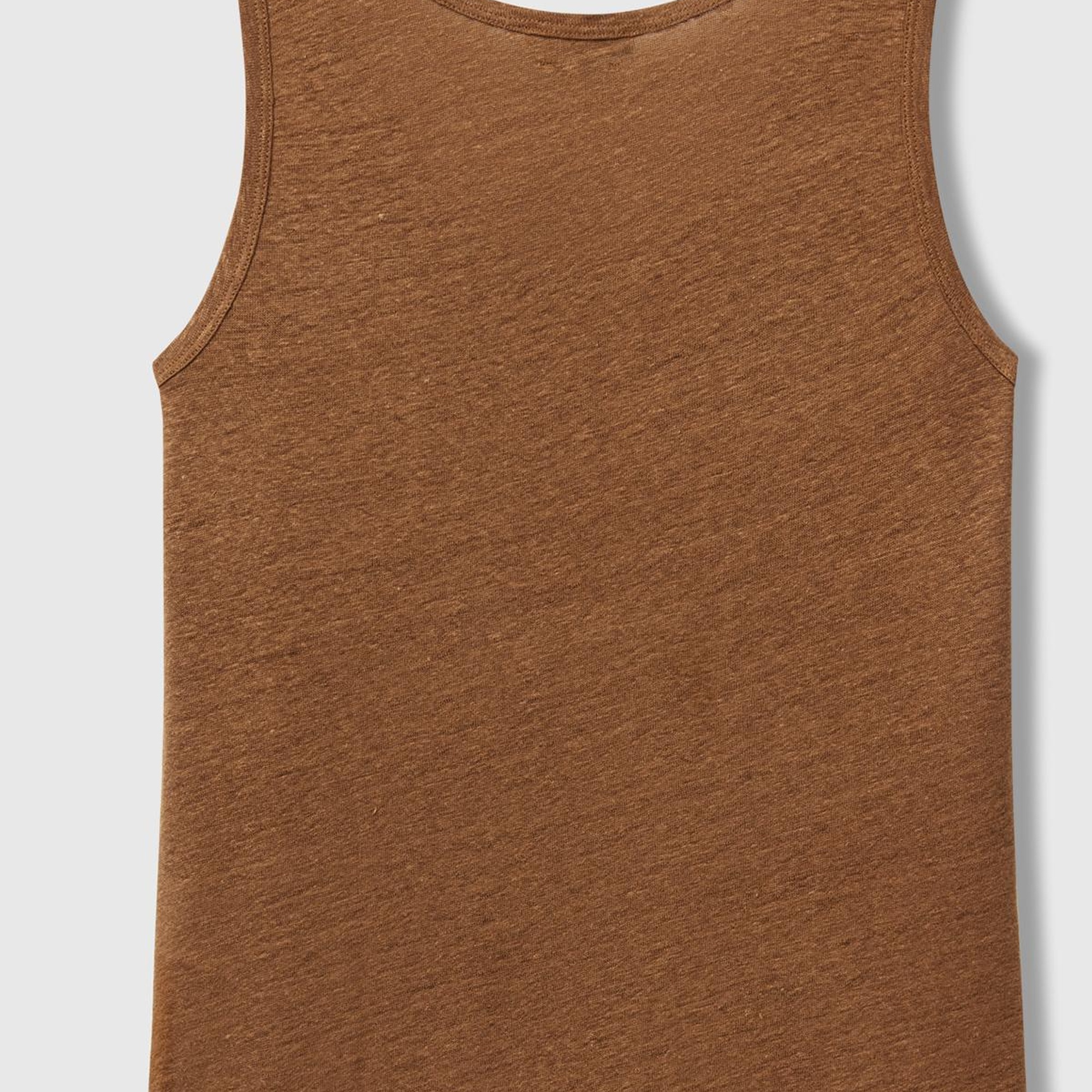 Kadın Kahverengi %100 Keten Yanları Yırtmaçlı Regular Fit Yuvarlak Yaka Atlet